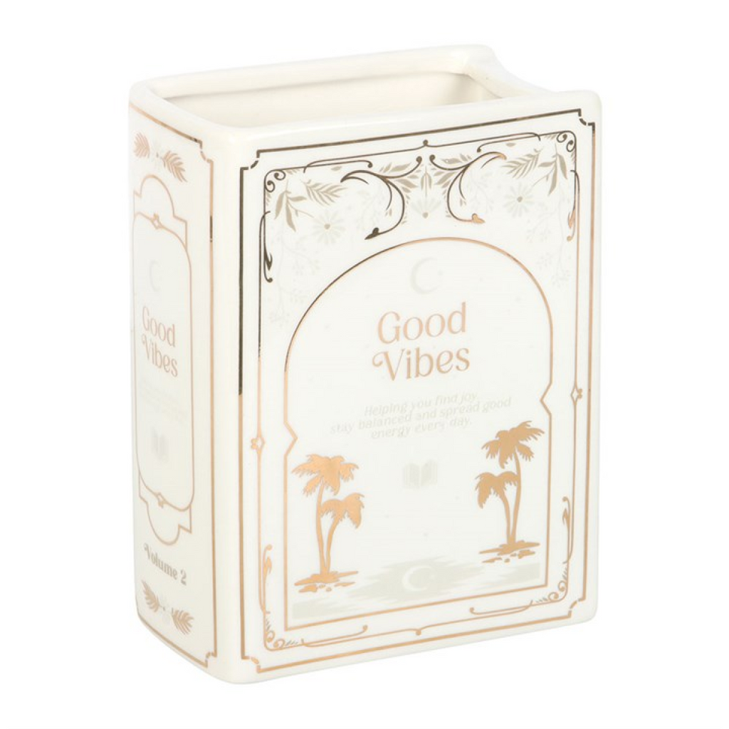 Good Vibes Floral Book Shaped White Vase