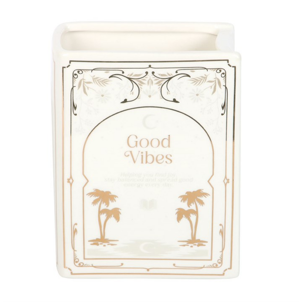 Good Vibes Floral Book Shaped White Vase