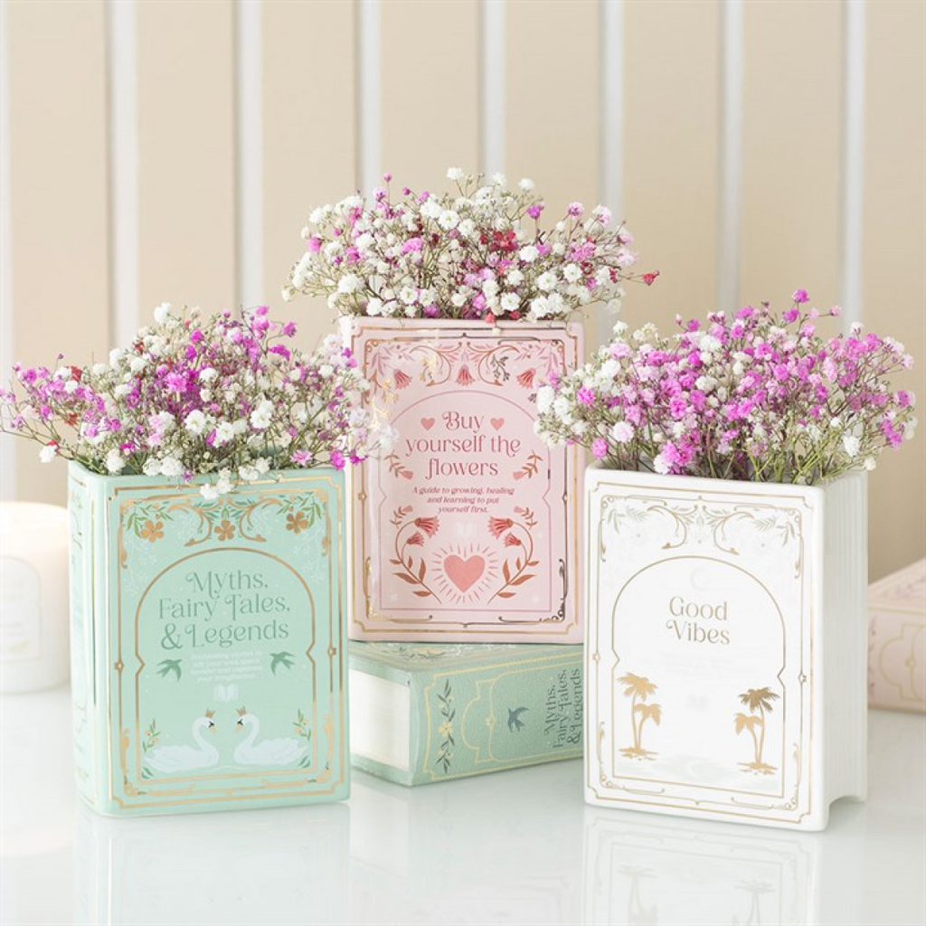 Good Vibes Floral Book Shaped White Vase