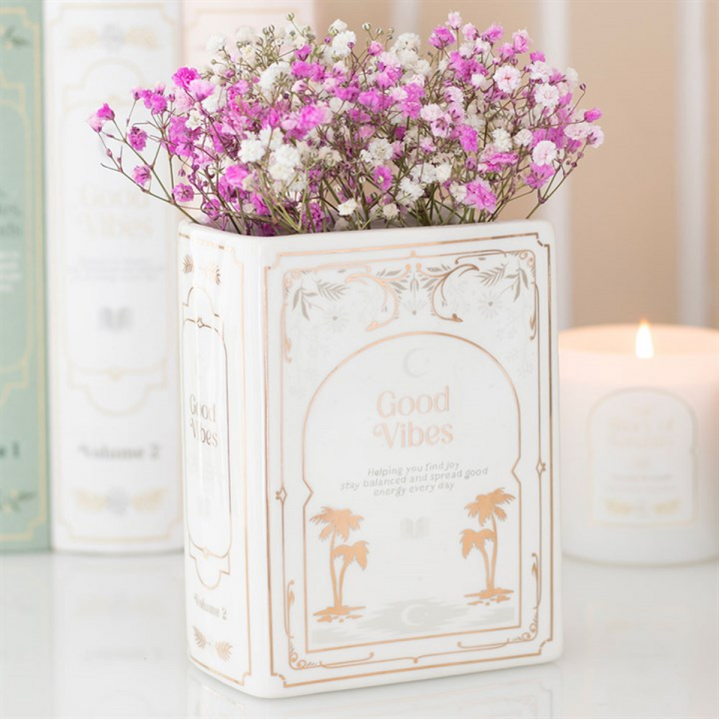 Good Vibes Floral Book Shaped White Vase
